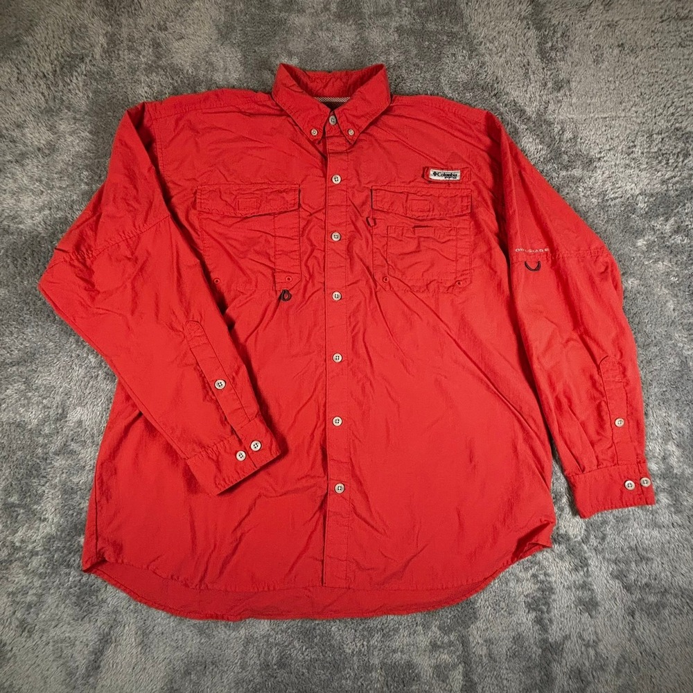 Columbia PFG Bahama II Fishing Shirt Mens Red Long Sleeve Vented UPF 30 Nylon